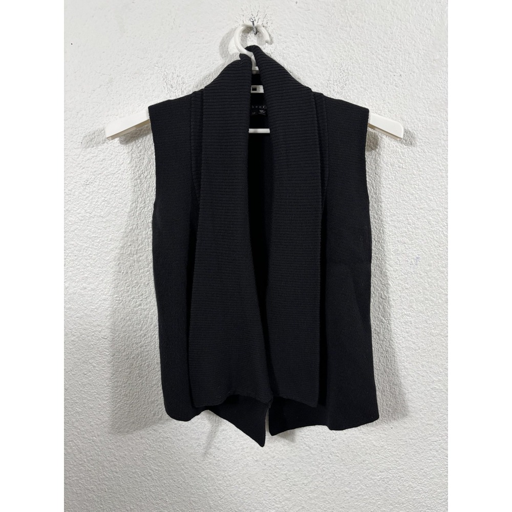 Theory Sweater Vest Womens Small Black Wool Open Shawl Collar Knit Cardigan